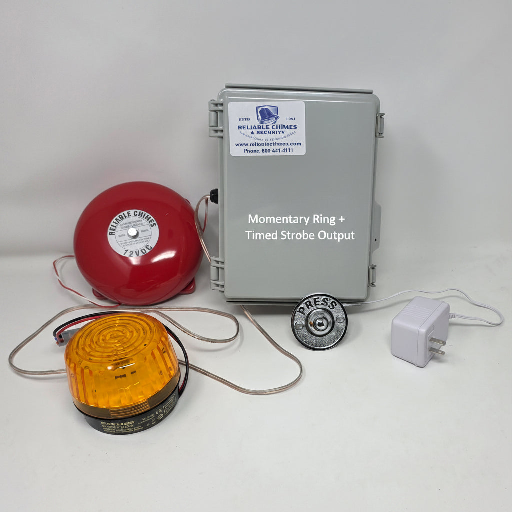 Wired warehouse door bell with momentary red bell, gray control panel, amber strobe on timed output