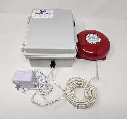 Break bell system with a red bell, power adapter, and cable on a white background.