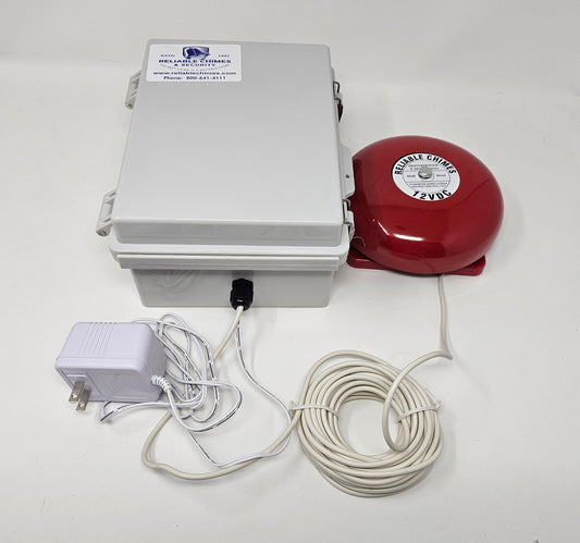Break bell system with a red bell, power adapter, and cable on a white background.